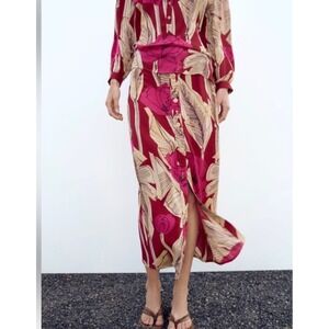 Zara Tropical Floral Button Down Midi Skirt Red Pink Linen Blend SMALL NWT
